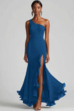 One Shoulder Mermaid Black Formal Dress with Slit