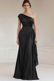 Burgundy One Shoulder Ruched Long Formal Dress with Streamer