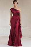 Burgundy One Shoulder Ruched Long Formal Dress with Streamer
