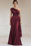 Burgundy One Shoulder Ruched Long Formal Dress with Streamer