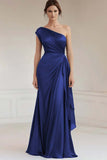 Burgundy One Shoulder Ruched Long Formal Dress with Streamer