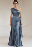 Burgundy One Shoulder Ruched Long Formal Dress with Streamer