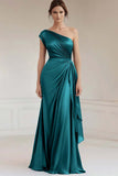 Burgundy One Shoulder Ruched Long Formal Dress with Streamer