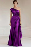 Burgundy One Shoulder Ruched Long Formal Dress with Streamer