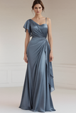 Grey Blue Satin Mermaid Ruched Formal Dress With Side Streamer