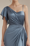 Grey Blue Satin Mermaid Ruched Formal Dress With Side Streamer