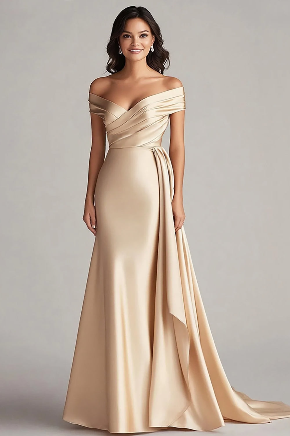 WEDTREND Women Champagne Formal Dress Off The Shoulder Satin Mermaid Long Evening Dress WEDTREND Women Champagne Formal Dress Off The Shoulder Satin Mermaid Long Evening Dress