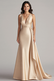 Champagne V Neck Mermaid Formal Dress With Side Streamer