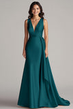 Champagne V Neck Mermaid Formal Dress With Side Streamer