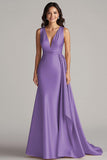 Champagne V Neck Mermaid Formal Dress With Side Streamer