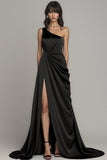 One Shoulder Ruched Black A Line Formal Dress With Slit