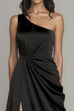 One Shoulder Ruched Black A Line Formal Dress With Slit