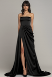 Black Strapless A Line Ruched Formal Dress With Slit