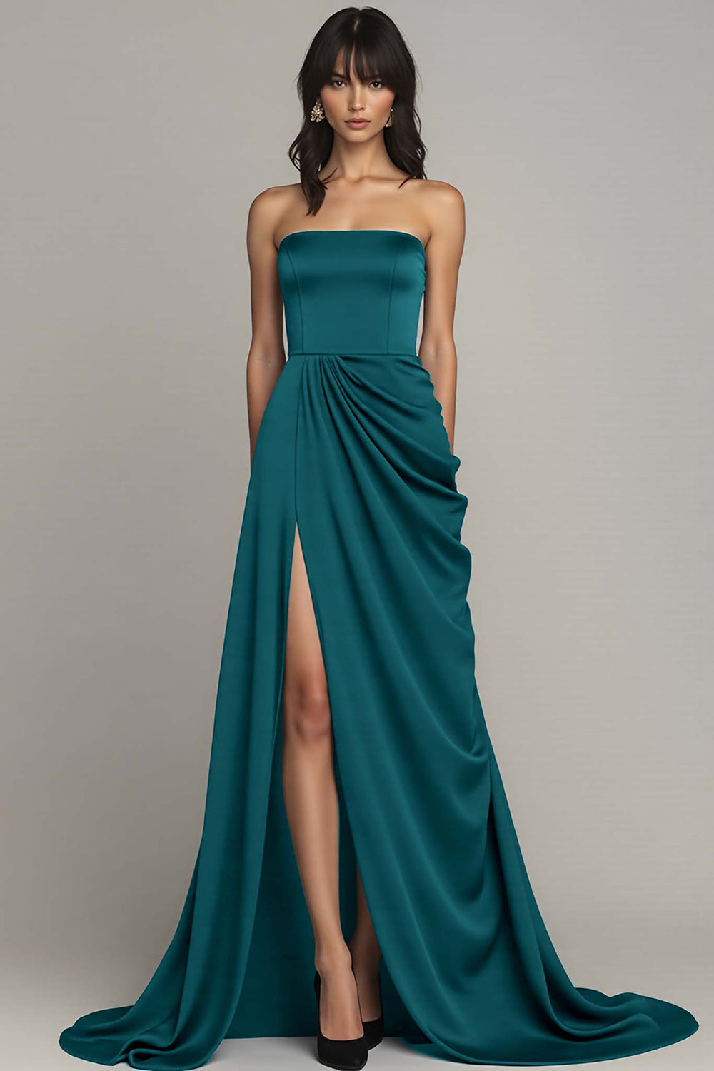 Black Strapless A Line Ruched Formal Dress With Slit Black Strapless A Line Ruched Formal Dress With Slit
