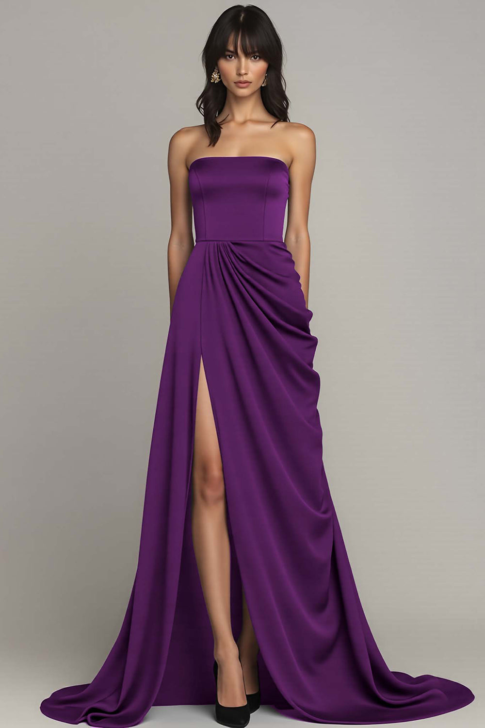 WEDTREND Women Black Formal Dress With Slit Satin Strapless Ruched A Line Long Evening Dress WEDTREND Women Black Formal Dress With Slit Satin Strapless Ruched A Line Long Evening Dress