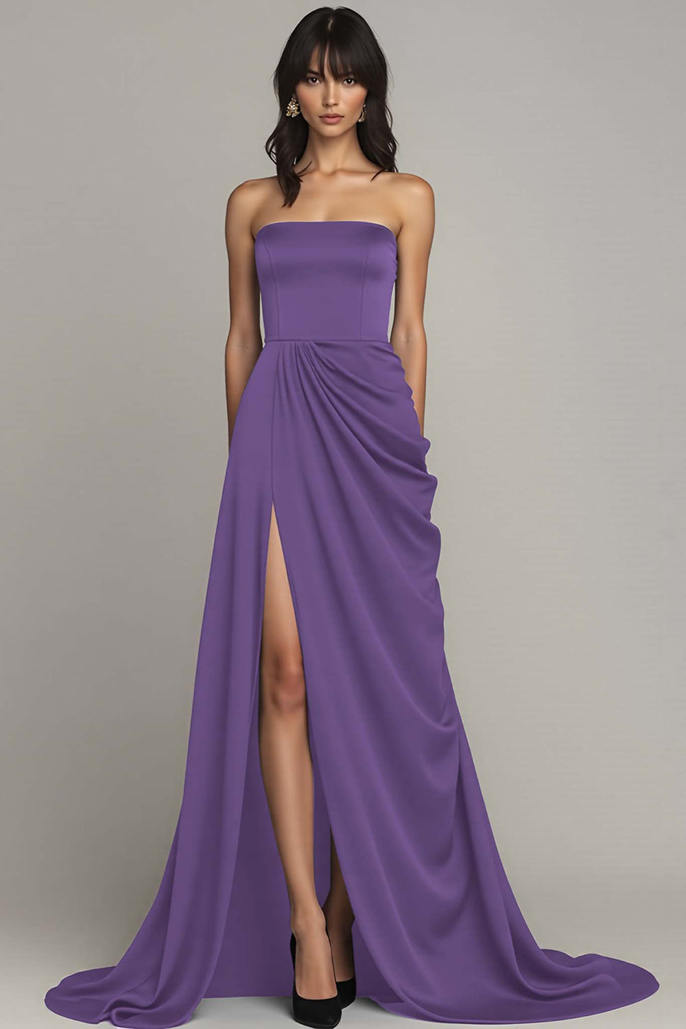 WEDTREND Women Black Formal Dress With Slit Satin Strapless Ruched A Line Long Evening Dress WEDTREND Women Black Formal Dress With Slit Satin Strapless Ruched A Line Long Evening Dress