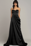 Strapless Black Satin Ruched A Line Long Formal Dress