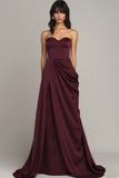 Strapless Black Satin Ruched A Line Long Formal Dress