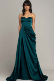 Strapless Black Satin Ruched A Line Long Formal Dress
