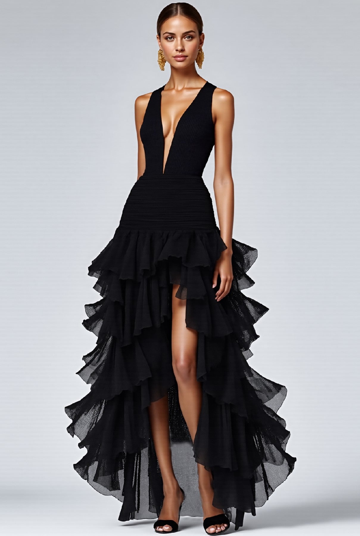 WEDTREND Women Black Formal Dress With Slit Ruffled Tiered V Neck A Line Party Dress WEDTREND Women Black Formal Dress With Slit Ruffled Tiered V Neck A Line Party Dress
