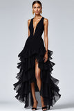 Black V Neck Ruffled A Line Formal Dress With Slit