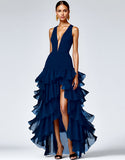 Black V Neck Ruffled A Line Formal Dress With Slit
