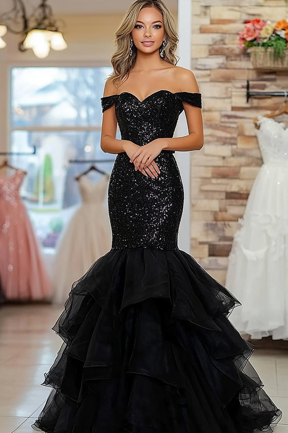 Wedtrend Women Black Prom Dress Off The Shoulder Mermaid Sequins Ruffles Tiered Long Formal Dress WEDTREND Wedtrend Women Black Prom Dress Off The Shoulder Mermaid Sequins Ruffles Tiered Long Formal Dress WEDTREND
