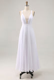 White A-Line Spaghetti Straps Pleated Chiffon Long Vacation Dress