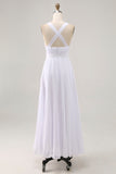 White A-Line Spaghetti Straps Pleated Chiffon Long Vacation Dress