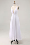 White A-Line Spaghetti Straps Pleated Chiffon Long Vacation Dress