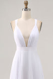 White A-Line Spaghetti Straps Pleated Chiffon Long Vacation Dress