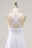 White A-Line Spaghetti Straps Pleated Chiffon Long Vacation Dress