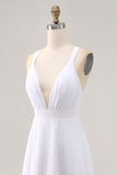 White A-Line Spaghetti Straps Pleated Chiffon Long Vacation Dress