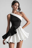 One Shoulder White and Black A Line Short Graduation Dress With Ruffles