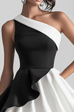 One Shoulder White and Black A Line Short Graduation Dress With Ruffles