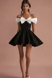 Off The Shoulder Black A Line Graduation Dress With Bow