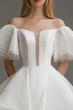 White A Line Off The Shoulder Lace Short Graduation Dress