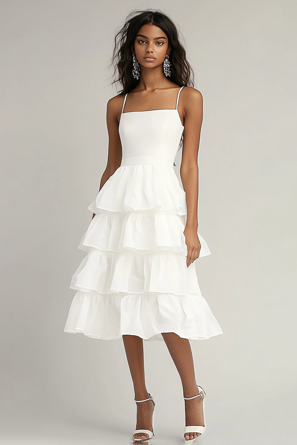 WEDTREND Women Ivory Tiered Graduation Dress With Ruffles Spaghetti Straps A Line Tea-Length Grad Ceremony Dress WEDTREND Women Ivory Tiered Graduation Dress With Ruffles Spaghetti Straps A Line Tea-Length Grad Ceremony Dress