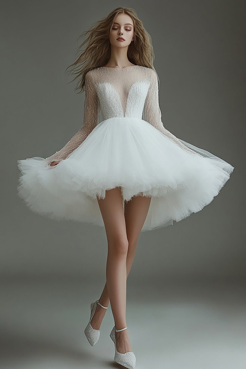 WEDTREND Women White Graduation Dress Long Sleeve A Line Tulle Short Grad Ceremony Dress WEDTREND Women White Graduation Dress Long Sleeve A Line Tulle Short Grad Ceremony Dress