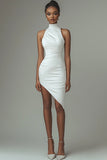 White Sheath High Neck Asymmetrical Graduation Dress