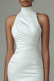 White Sheath High Neck Asymmetrical Graduation Dress