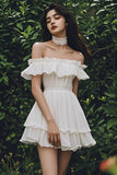 Ivory A Line Off The Shoulder Mini Graduation Dress With Ruffles