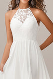 High Low White A Line Halter Wedding Dress With Lace