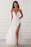 White Spaghetti Straps A Line Long Wedding Dress With Slit