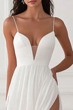 White Spaghetti Straps A Line Long Wedding Dress With Slit