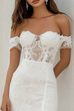 Off The Shoulder White Lace A Line Long Wedding Dress With Slit