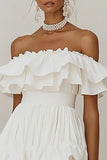 Tiered Off The Shoulder White Graduation Dress With Ruffles