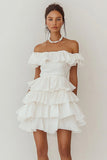 White Off The Shoulder A Line Tiered Short Graduation Dress With Ruffles