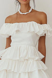 White Off The Shoulder A Line Tiered Short Graduation Dress With Ruffles