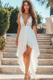 White High Low V Neck A Line Wedding Dress With Lace